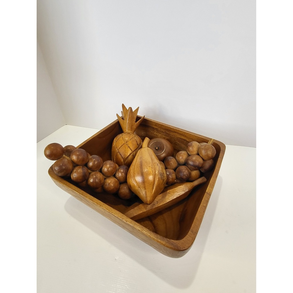 Vintage Mid Century Modern Monkey Pod Wooden Fruit Bowl Set 6 Piece Hand Carved